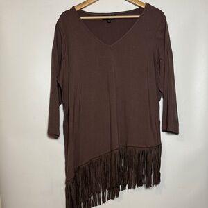 DG2 by Diane Gilman Brown V-Neck Asymmetric Fringe Tunic